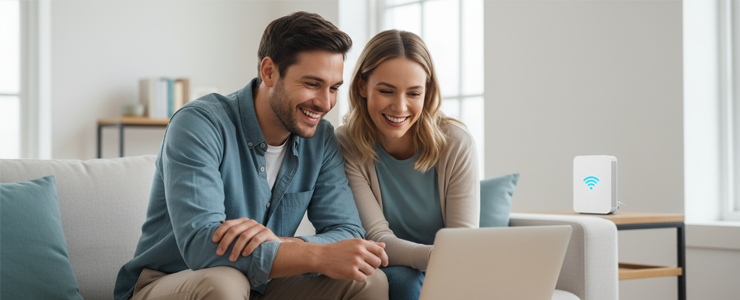 Fröhliches Paar vergleicht Internetanbieter am Laptop und freut sich über günstigen Internettarif für zuhause.