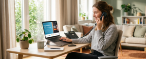 Person vergleicht am Laptop verschiedene Telefonanbieter Tarife für Festnetz und Internet zu Hause