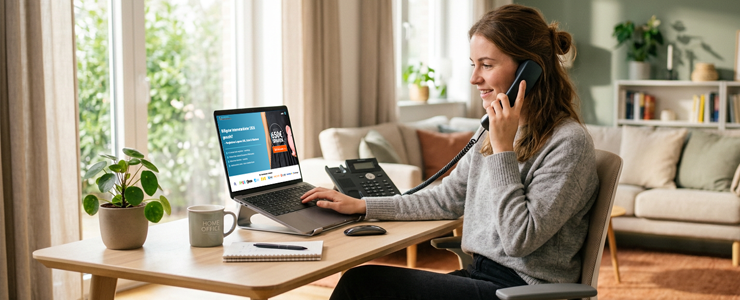 Person vergleicht am Laptop verschiedene Telefonanbieter Tarife für Festnetz und Internet zu Hause