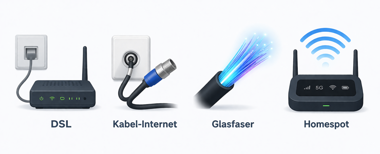 Symbole für DSL, Kabel-Internet, Glasfaser und LTE/5G-Homespot nebeneinander im Technikvergleich