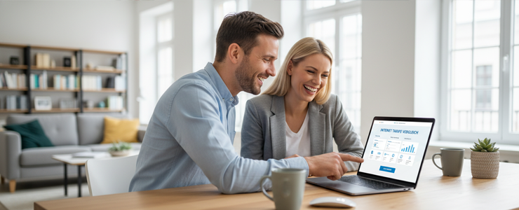 Mann und Frau vergleichen Internetanbieter und Tarife am Laptop in übersichtlichem Homeoffice