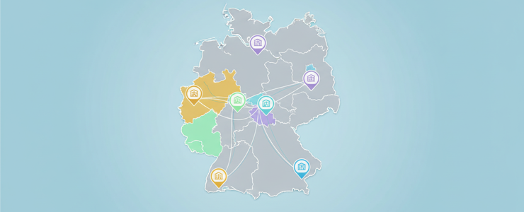 Stiliserte Stadtkarte mit Hotspots für regionale Internet- und Glasfaseranbieter