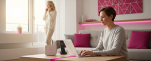 Modernes Wohnzimmer mit Laptop, Router und Telefon für Telekom Internet und Festnetz Kombitarif
