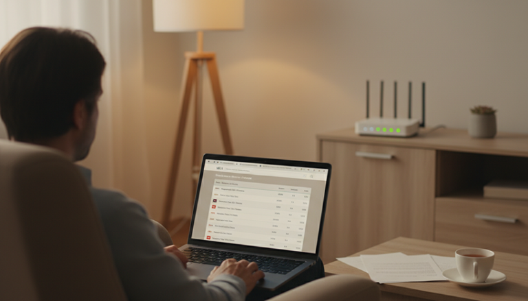 Person vergleicht am Laptop DSL- und Glasfaser-Internettarife im Wohnzimmer
