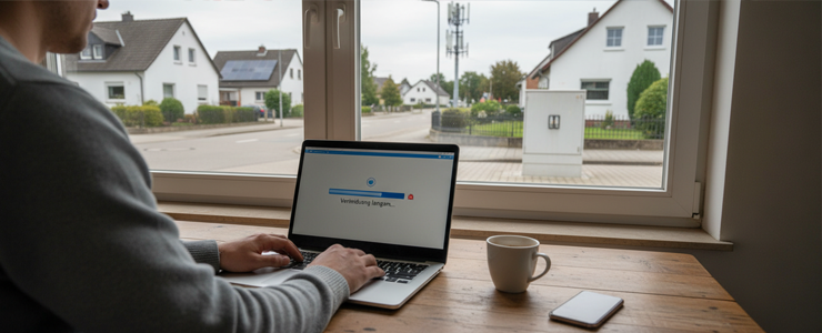 Ländliche Gemeinde in Deutschland mit Person am Laptop und sichtbaren Internetlücken beim Breitbandausbau