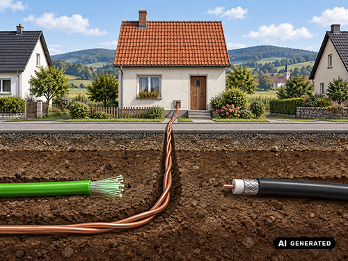 Illustration: Ein Haus ist über eine Kupferleitung angebunden, Glasfaser und Kabel erreichen es nicht