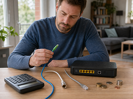 Verbraucher hält einen Glasfaserstecker und vergleicht Anschlusskabel neben Router und Taschenrechner.