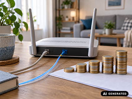 Neutraler WLAN-Router neben ansteigenden Münzstapeln als Symbol für höhere Internetpreise